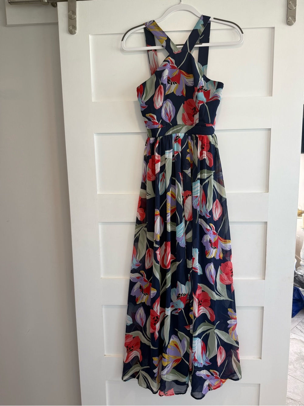 Lulu's Lilja Navy Floral Print Cross-Back Maxi Dress - size S